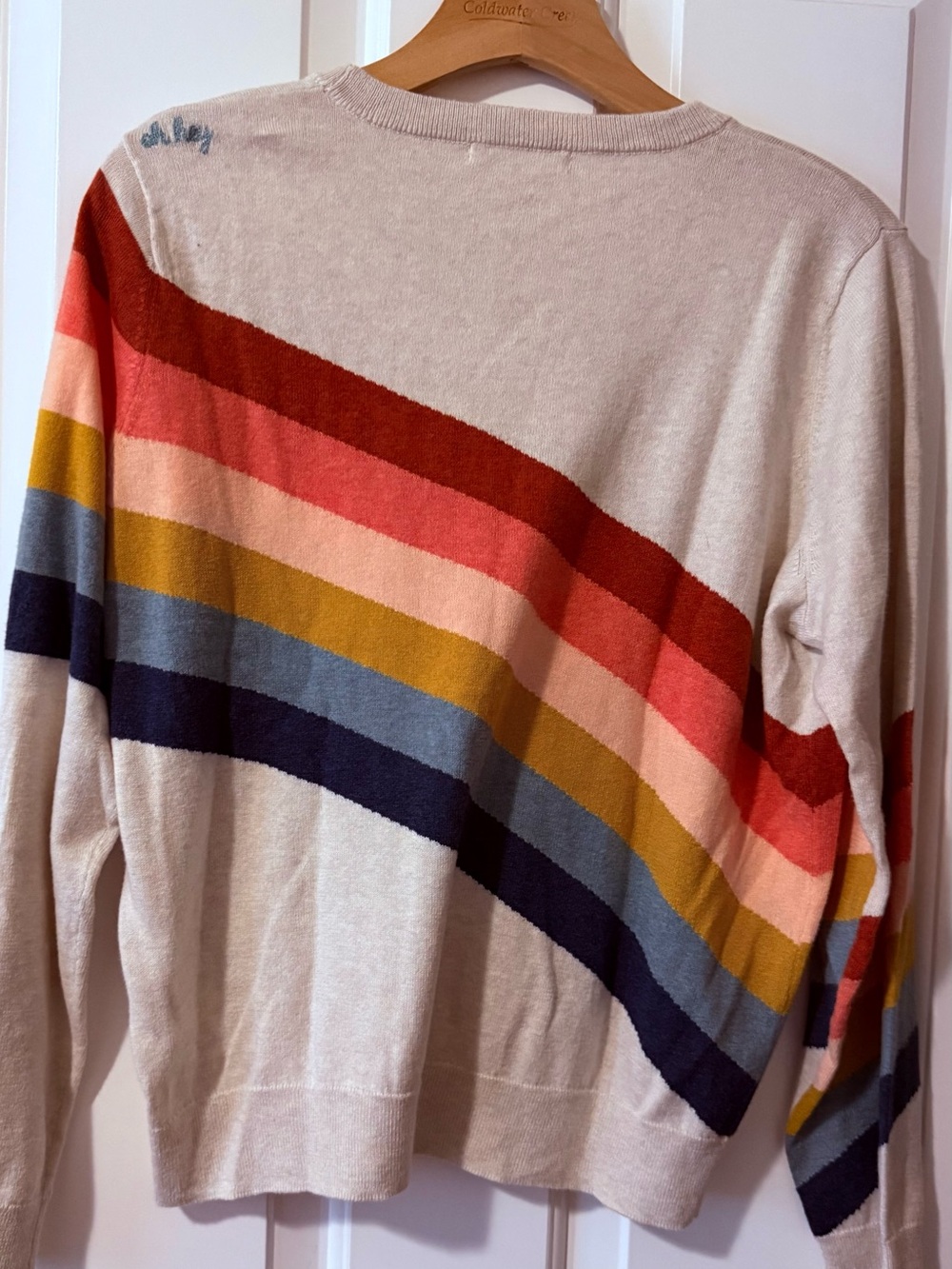 Marine Layer Cream Crewneck with Rainbow Stripes sml - Picture 2 of 8